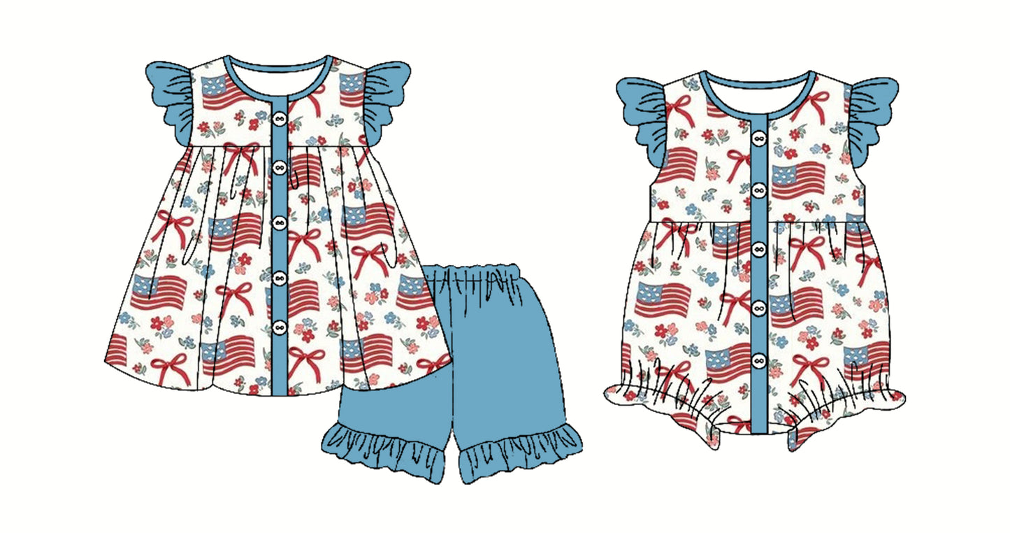 3.3 custom each style moq 5eta 4-6week Sibling Sister 4th of july flag bow baby girl short sleeve shorts sets and romper match design