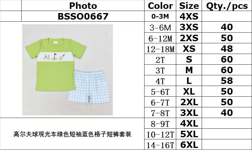 rts no moq BSSO0667 golf sightseeing car green short sleeve blue plaid shorts set