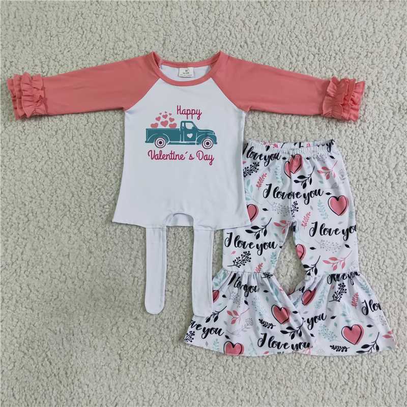 SALES NEW Baby Valentines Day Pink Tractor Bell Pants Set Cute Baby Outfit for Boys And Girls