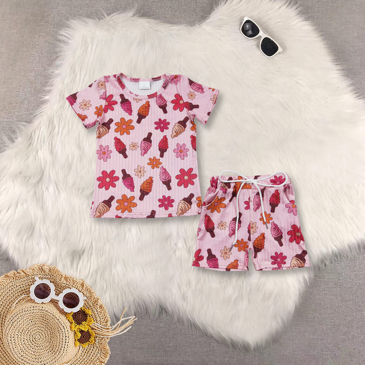 RTS summer pajamas Girls Smiley Rainbow White Short Sleeve Shorts Set rib fabric