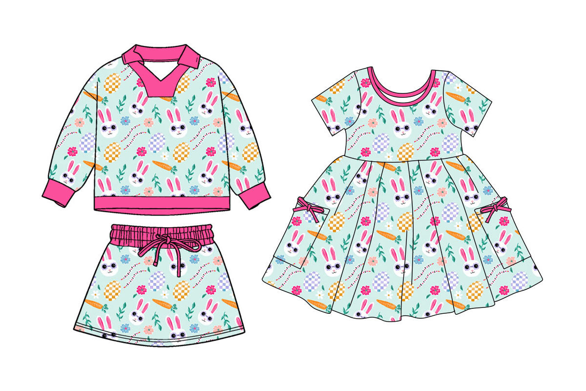 25.11.5 custom each style moq 5 eta 6-8week Sibling Sisters bunny carrot baby girl long sleeve shorts sets and dress match family design