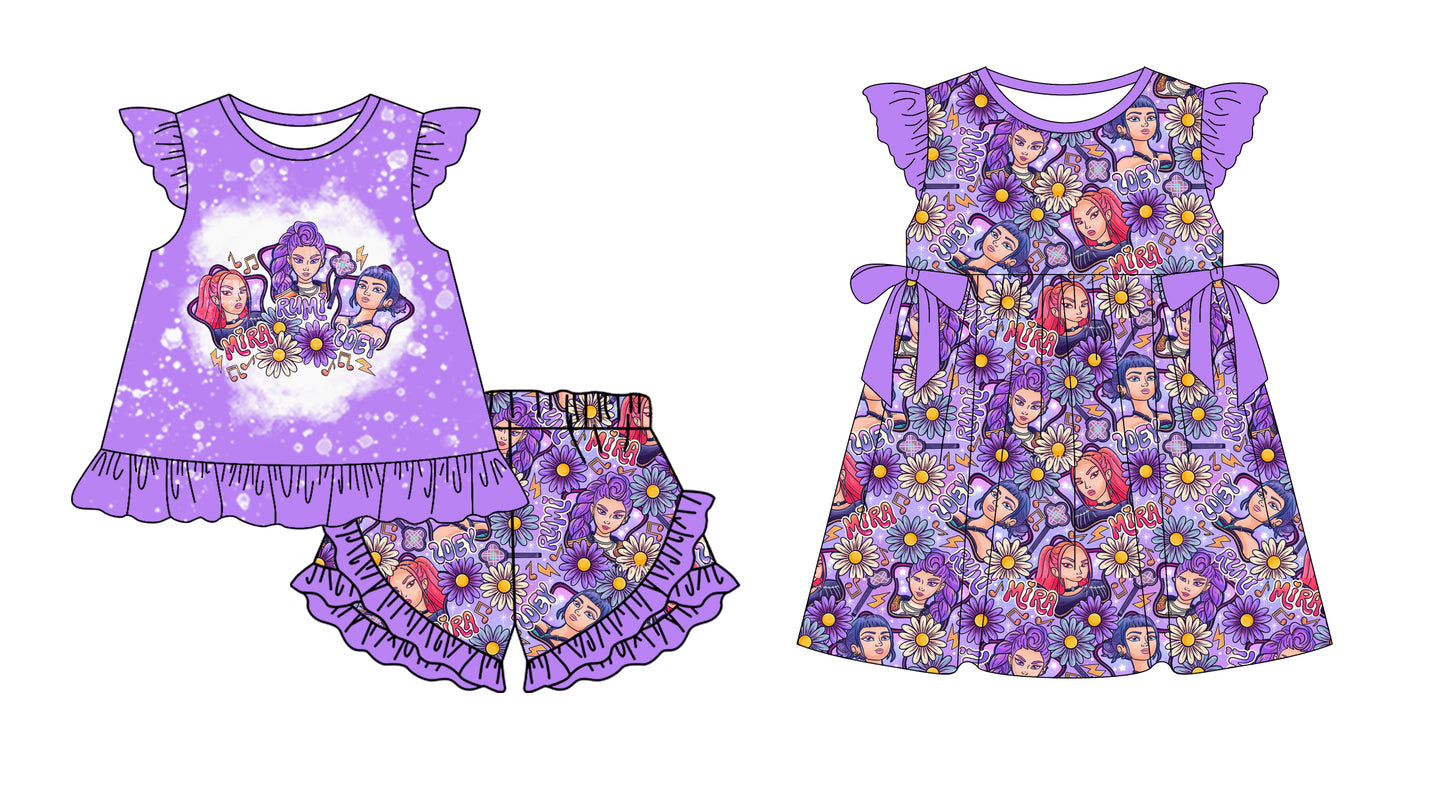 3.16 Custom moq 5 mix size Sibling Baby Girl's Purple Flutter Sleeve Top And Ruffle Shorts Set Cute Dress for Summer