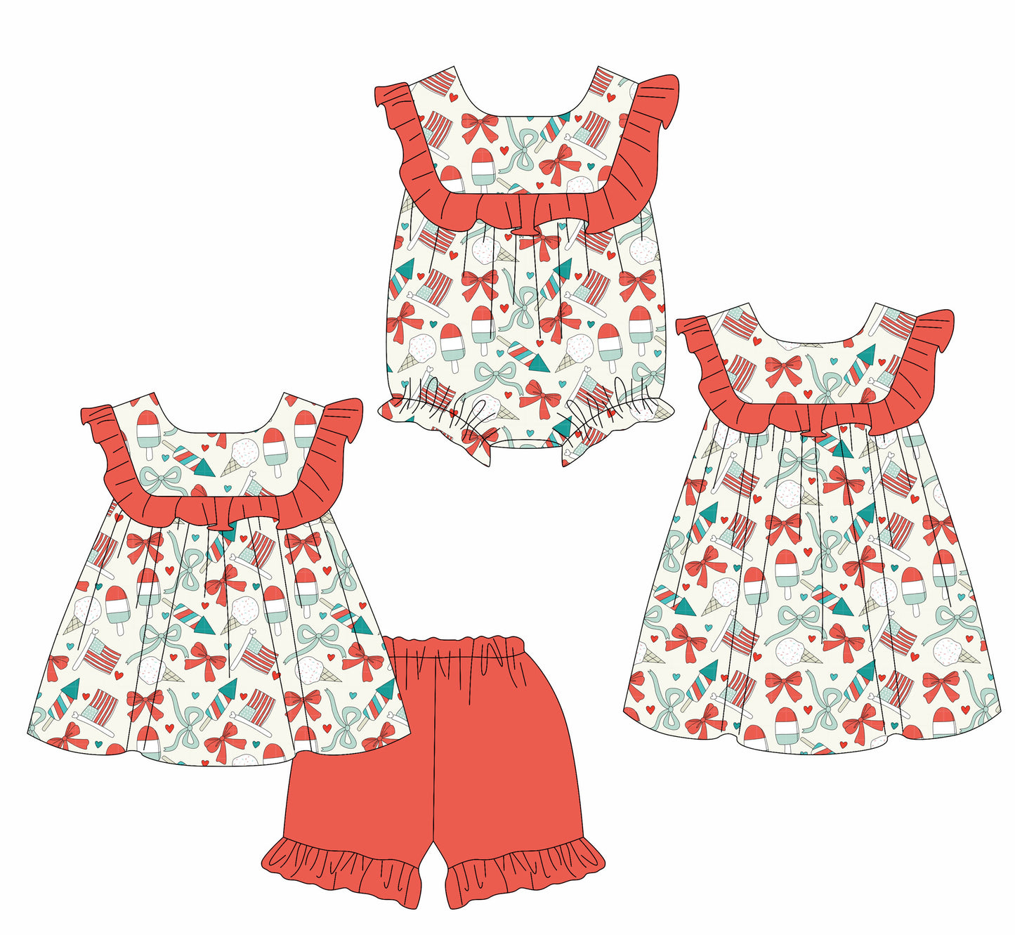 Custom moq 5 mix size Red Bow-Print Top And Shorts Set Romper Dress for Baby Girls 4th of July Clothing Outfit Infant Girl's Fashion Set