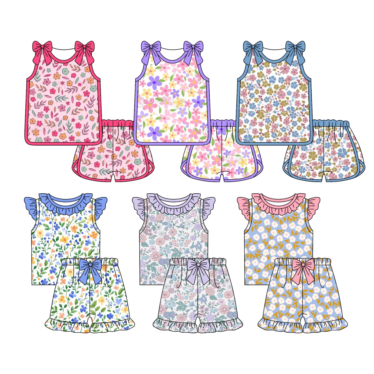 3.25 Custom moq 5 mix size Sibling Baby Girl's Flowers Top And Shorts Set Cute Casual Outfit