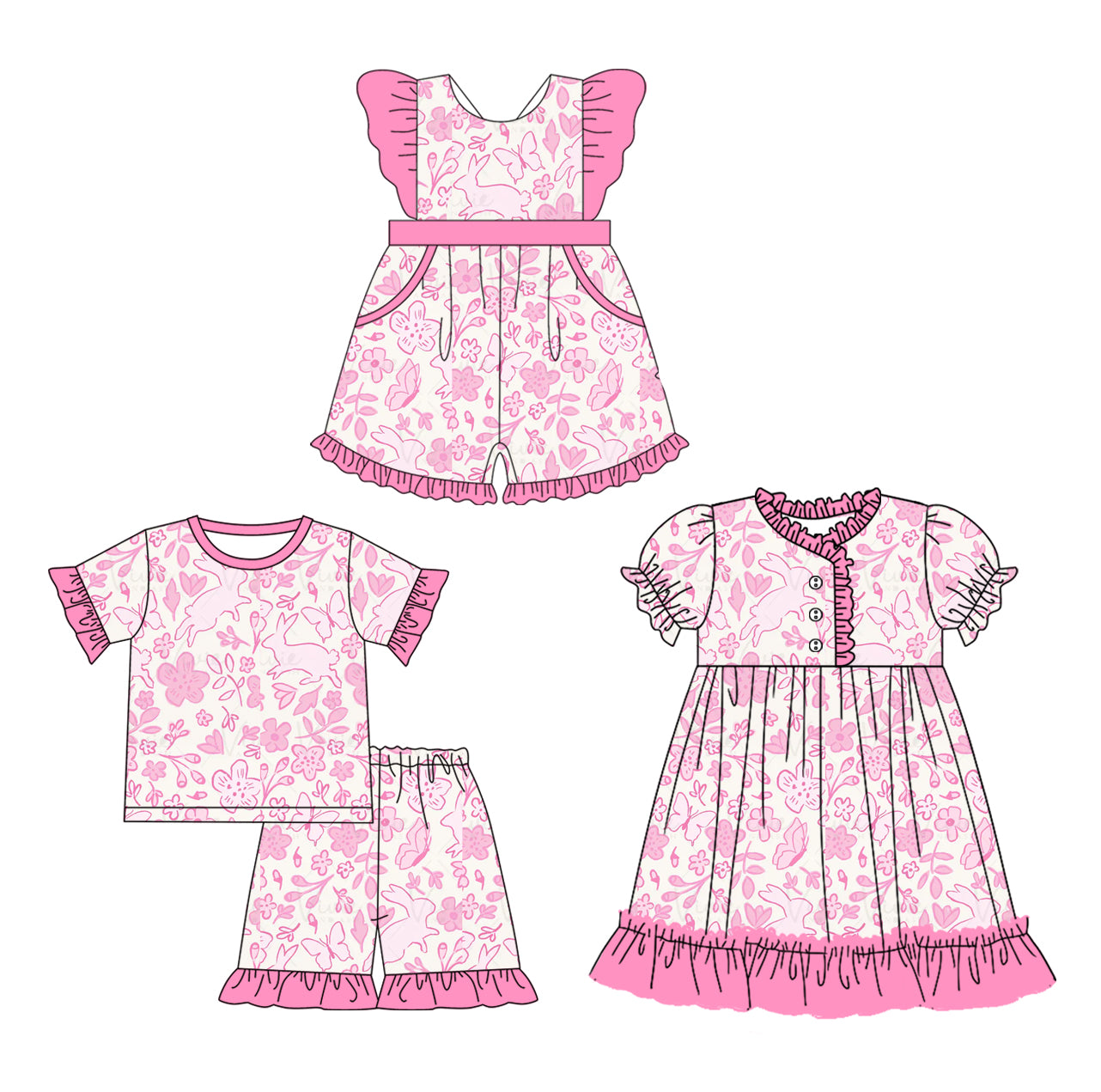 25.11.6 custom each style moq 5 eta 6-8week Sibling Sister floral baby short sleeve shorts sets and jumpsuit and dress match design