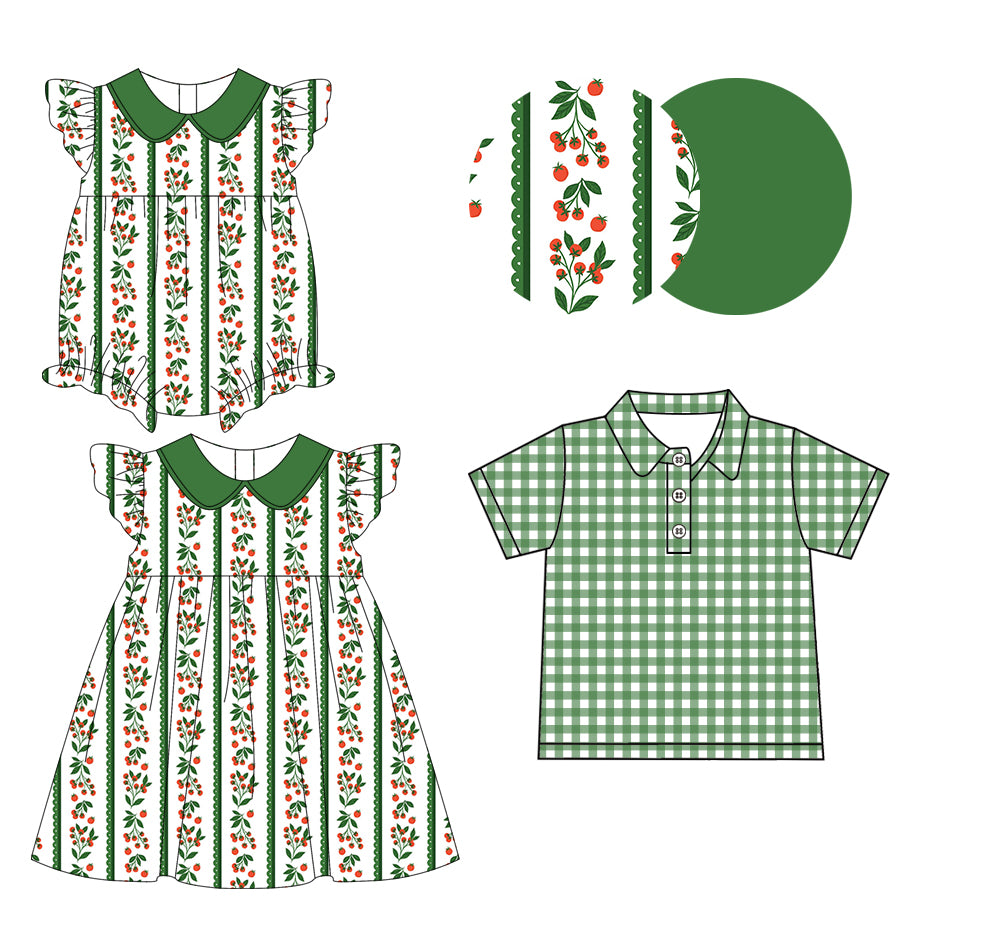 3.2 Custom moq 5 mix size Sibling Baby Boy's Green Plaid Short-Sleeved Polo Shirt Cute Flutter Sleeve Dress Romper for Summer