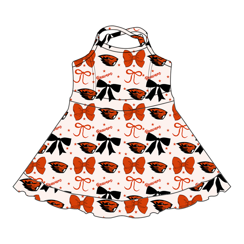 Custom moq 5 mix size milk silk summer teams baby girls clothes team bow orange sleeveless skirts sets and dress 1 and dress 2 and dress 3-25.6.24