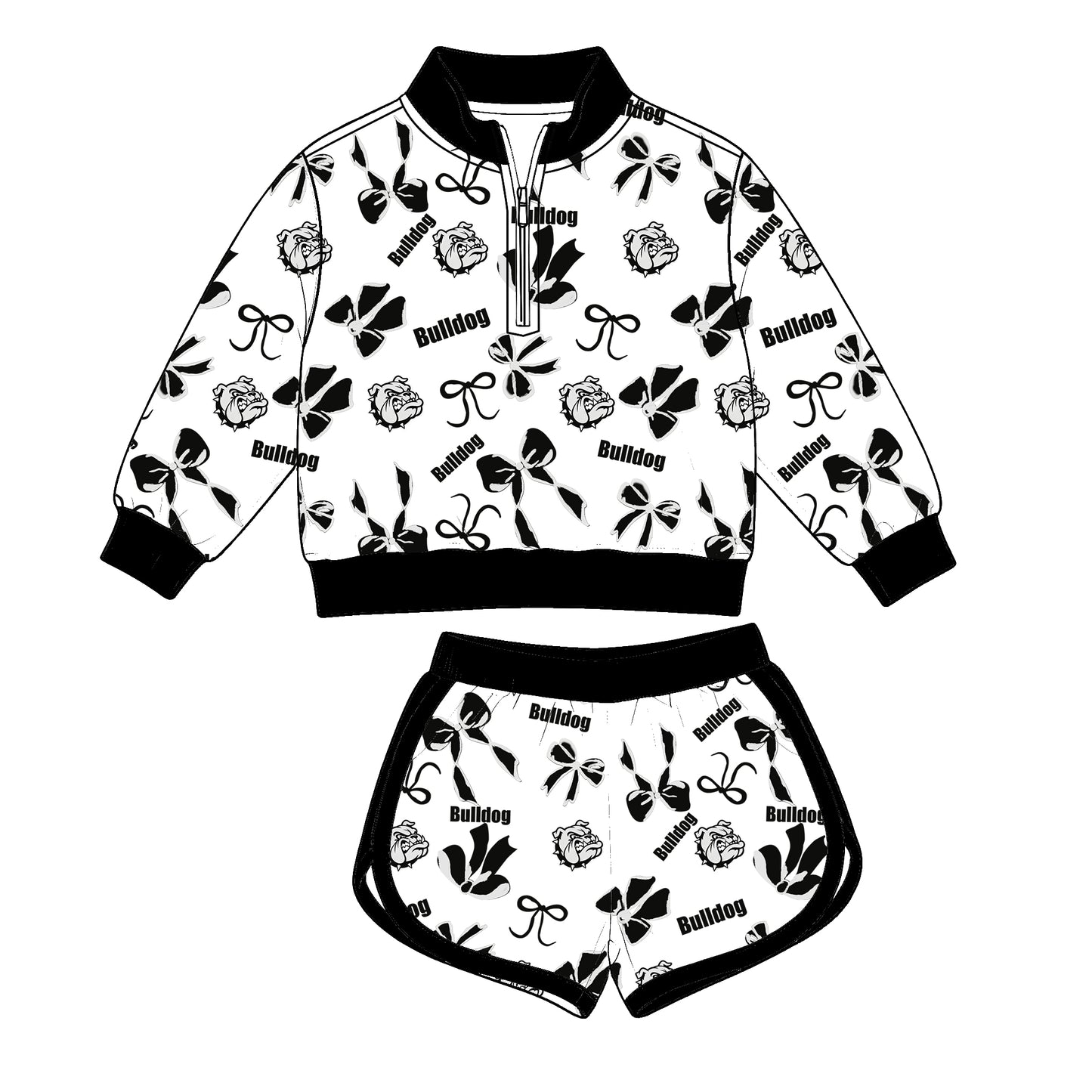 custom moq 5 mix size MSD073010 Baby Kids Bow Print Quarter Zip Sweatshirt and Shorts Team Outfit Set