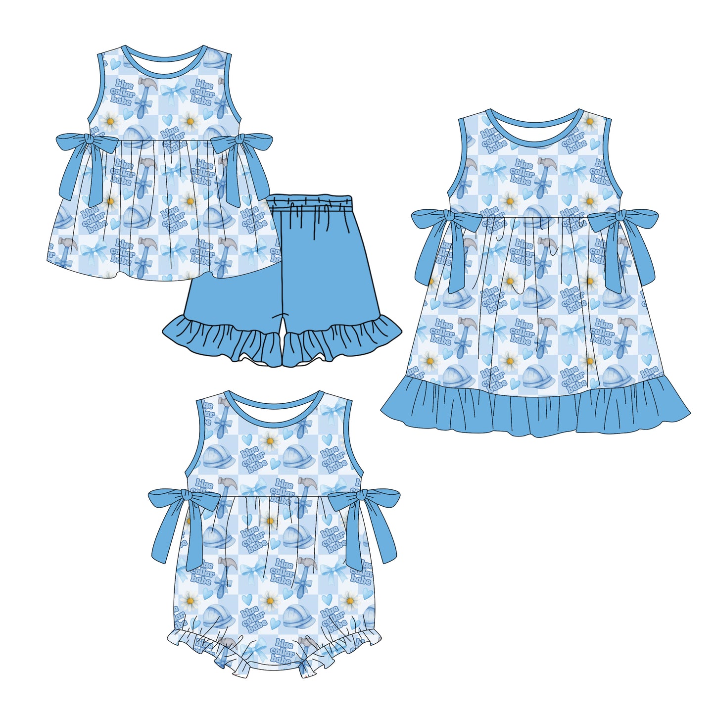 Custom moq 5 mix size Sibling Baby Girl's blue Sleeveless Top And Shorts Set Cute Romper Dress for Summer