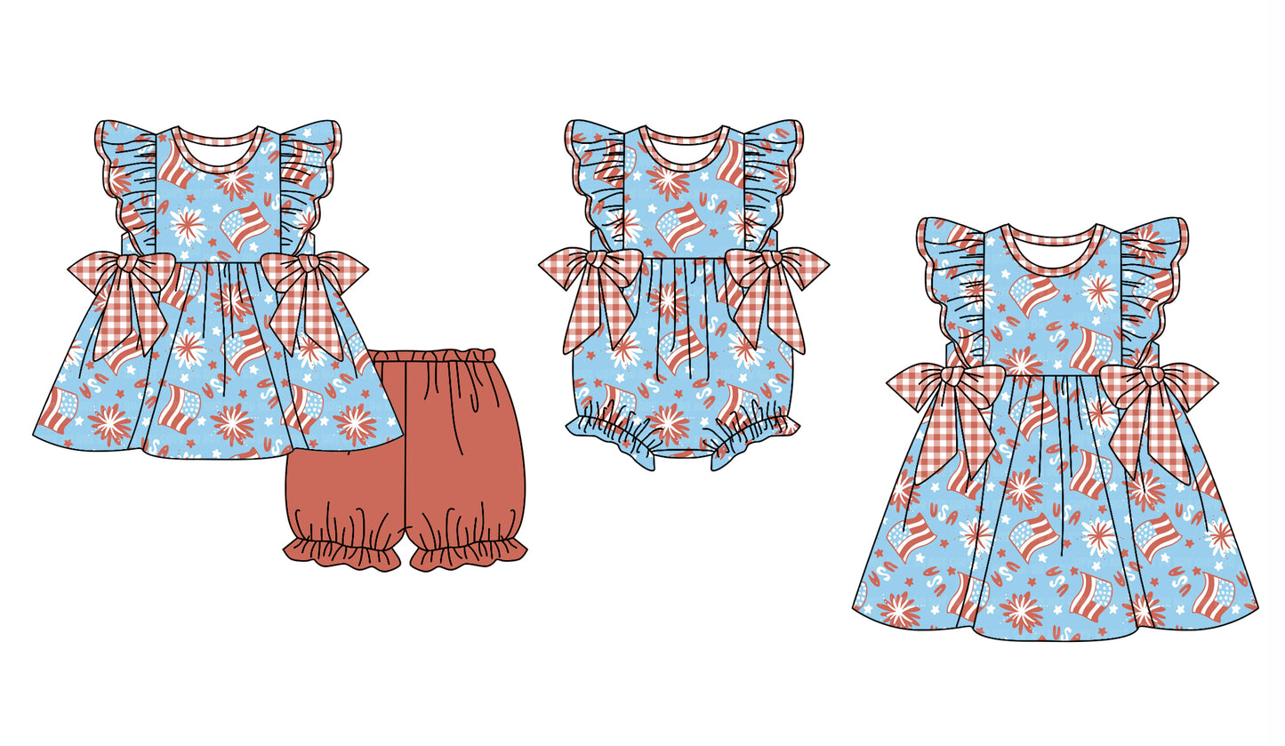 11.29 custom each style moq 5eta 4-6week Sibling Sister 4th of july baby girl short sleeve shorts sets and dress and rompers match family design