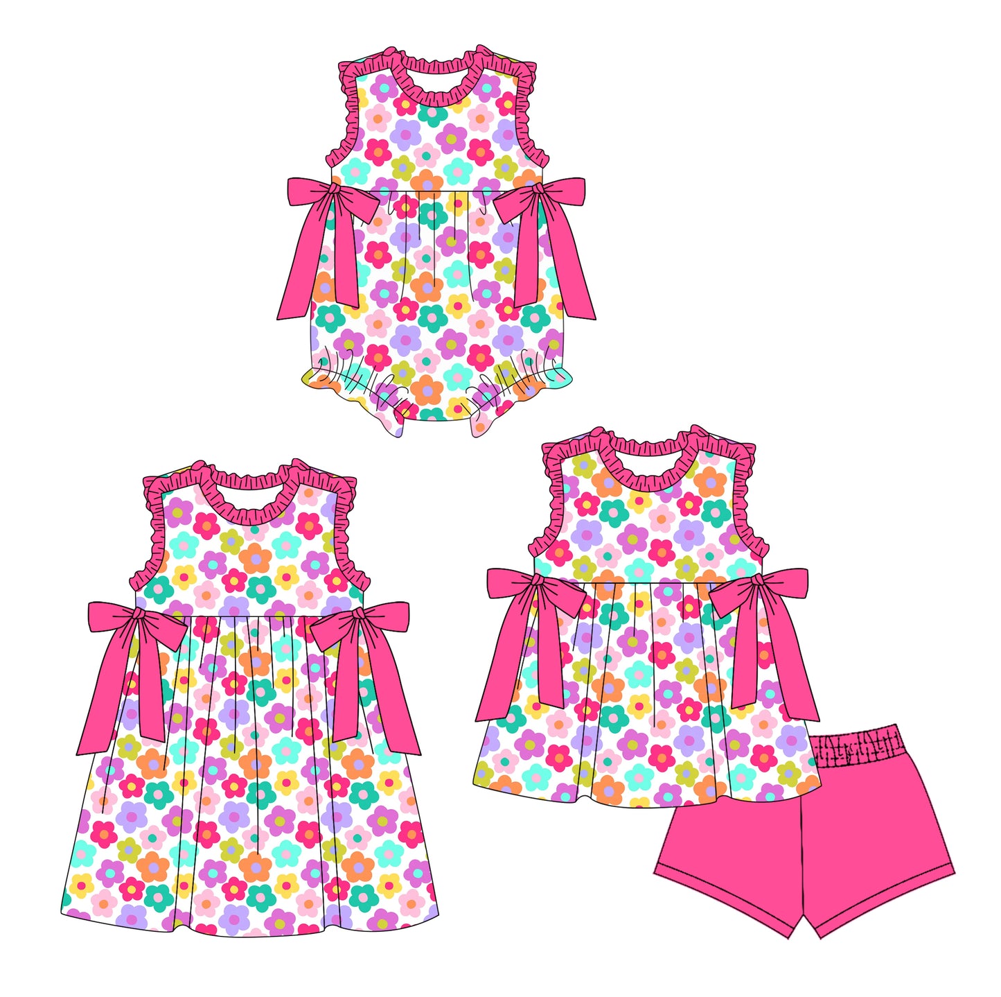 4.3 custom each style moq 5eta 4-6week Sibling Sisters floral baby girl short sleeve shorts sets and dress and rompers match family design