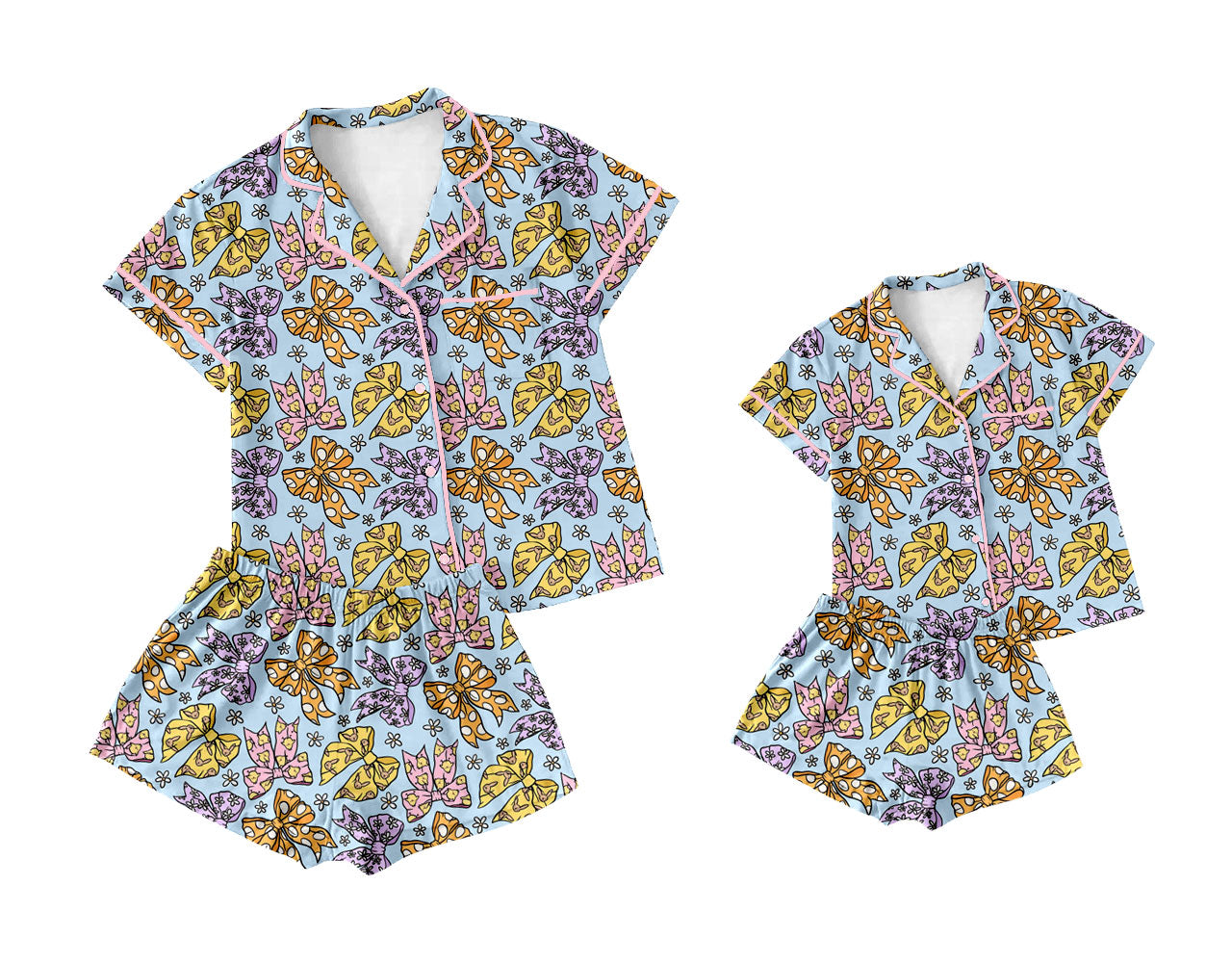 25.10.29 custom each style moq 5 eta 6-8week Sibling Sister bow floral short sleeve shorts sets and adult set match design