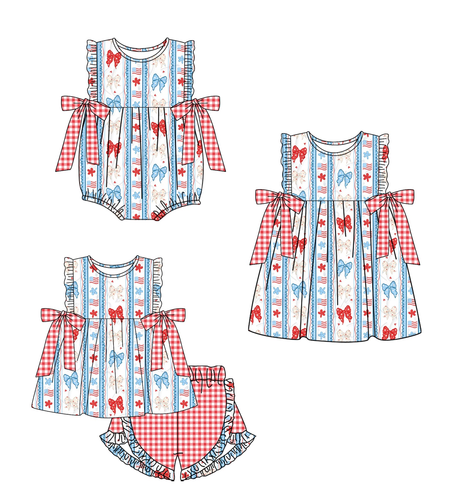Custom moq 5 mix size Sibling Baby Girl's 4th of July Short-Sleeved Top And Shorts Set Cute Romper Dress for Spring Summer