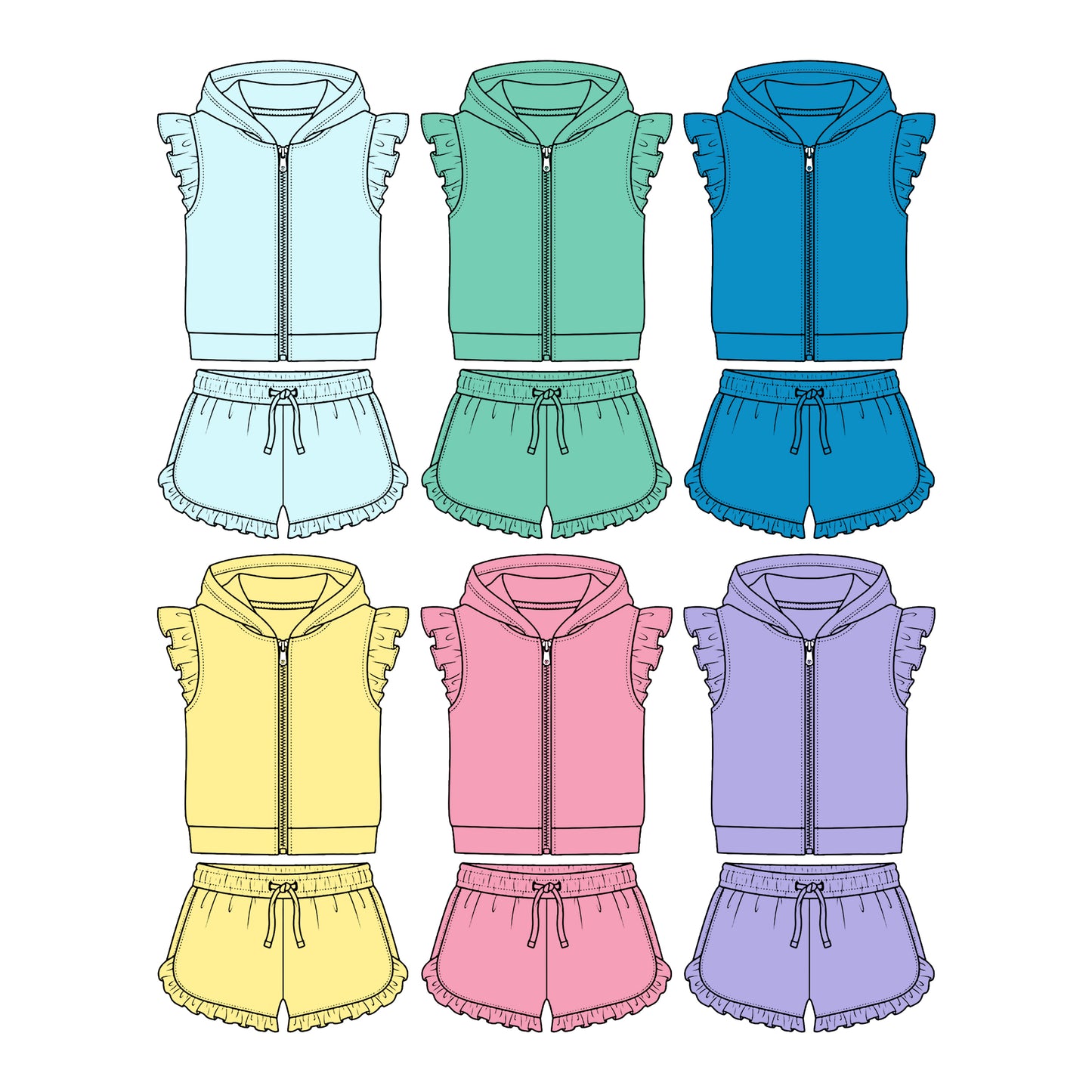 3.30 Custom moq 5 mix size Sibling Baby Girl's Solid Color Sleeveless Hooded Zip-Up Top And Shorts Set Cute Outfit