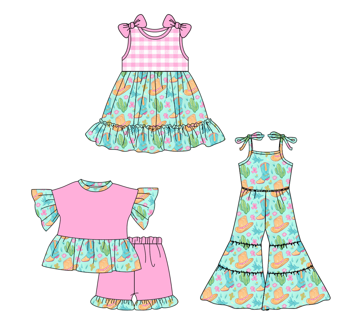 2.25 custom each style moq 5eta 4-6week Sibling Sister boot hat catcus baby girl sets and dress and jumpsuit match family design