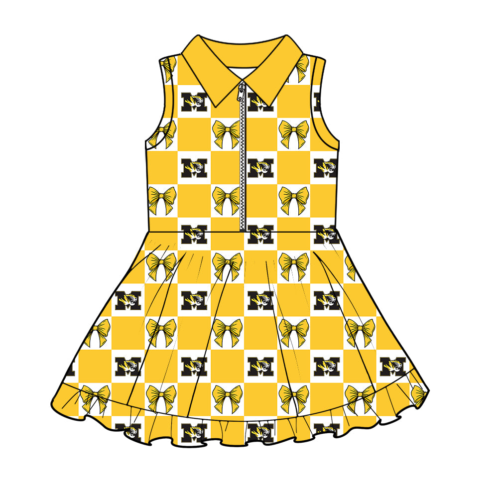 Custom moq 3 or 5 mix size milk silk summer teams baby girl clothes bow yellow sleeveless dress-26.1.19