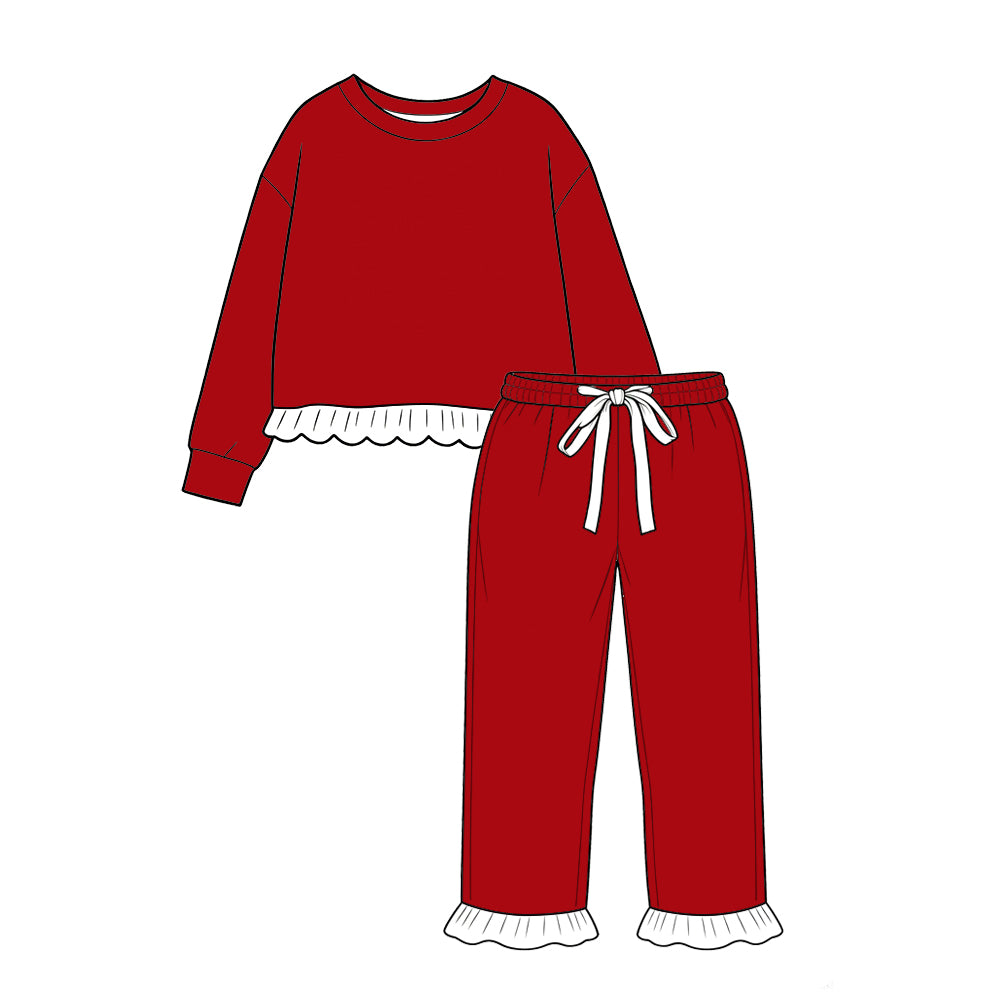 custom moq 5 mix size Baby Girls Solid Red Long Sleeve Top Trim Ruffle Pants Outfit Set
