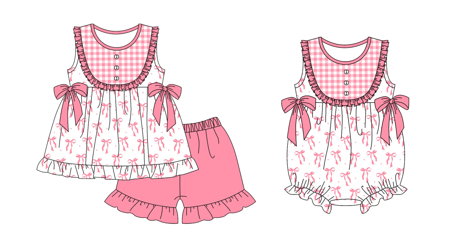 11.18 custom each style moq 5eta 4-6week Sibling Sister bow pink baby girl short sleeve shorts sets and rompers match design