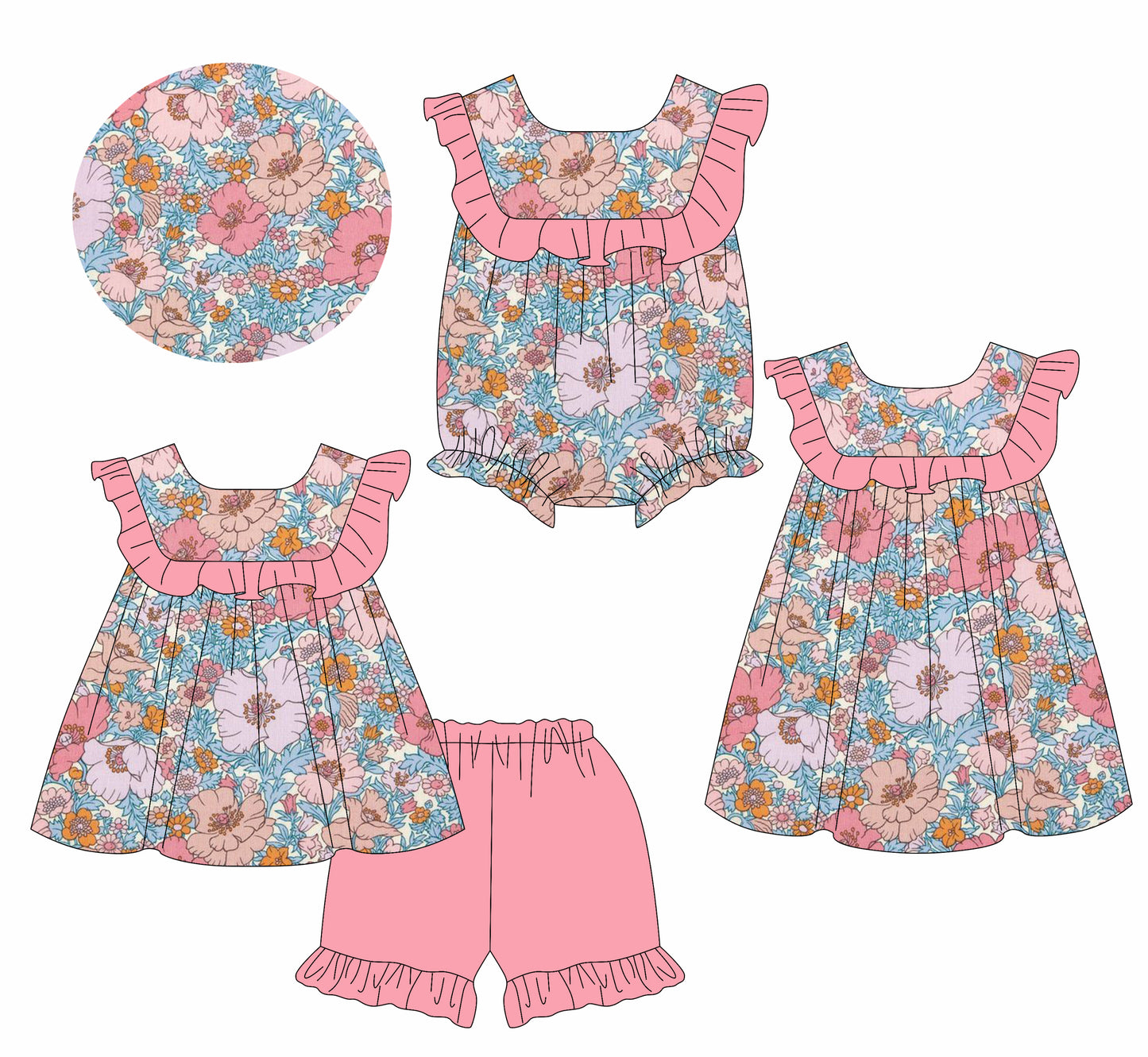 3.1 custom each style moq 5eta 4-6week Sibling Sister floral baby girl short sleeve shorts sets and dress and rompers match family design