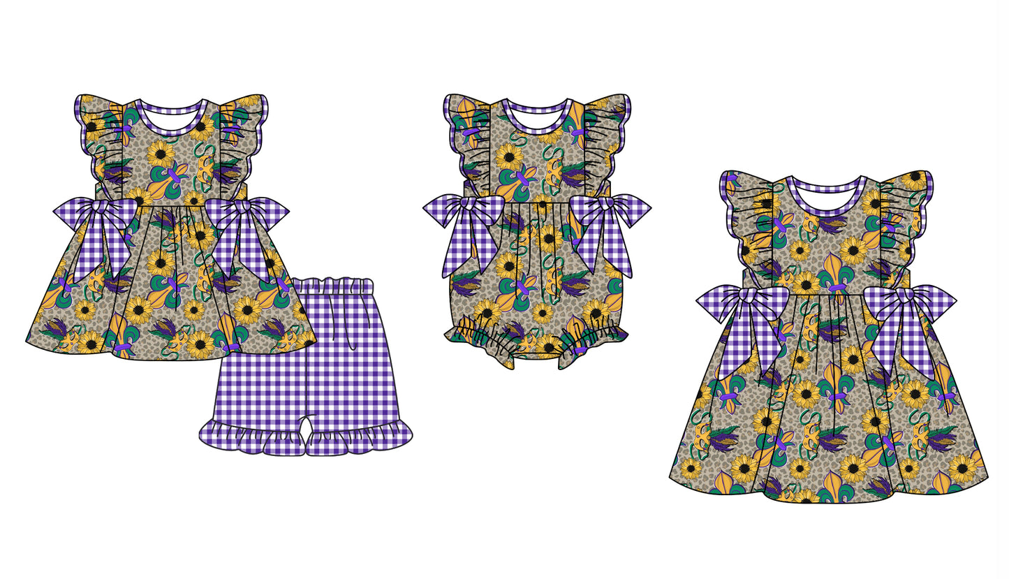 12.3 custom each style moq 5eta 4-6week Sibling Sister mardi gras baby girl short sleeve shorts sets and dress and rompers match family design