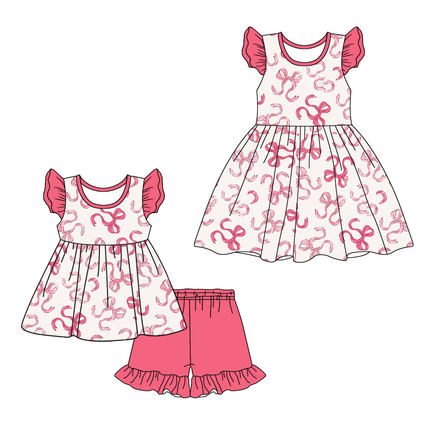 12.25 custom each style moq 5eta 4-6week Sibling Sister bow baby girl short sleeve shorts sets and dresses match design