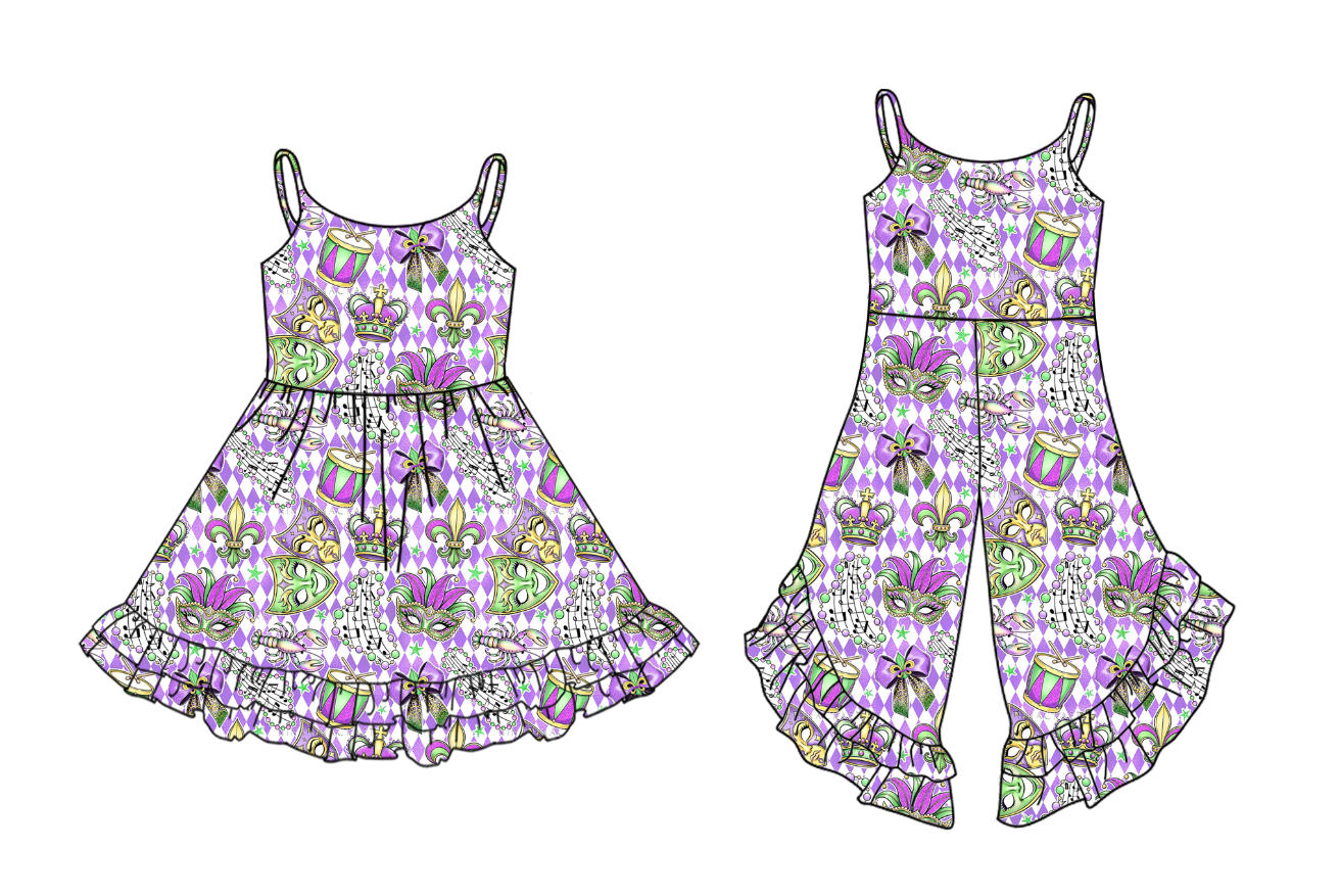 25.10.20 custom each style moq 5 eta 6-8week Sibling Sisters mardi gras baby girl long sleeve dress and jumpsuit match family design