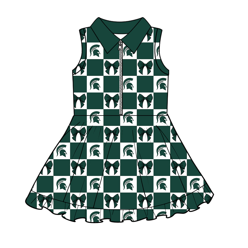 Custom moq 3 or 5 mix size milk silk summer teams baby girl clothes bow dark green sleeveless dress-26.1.21