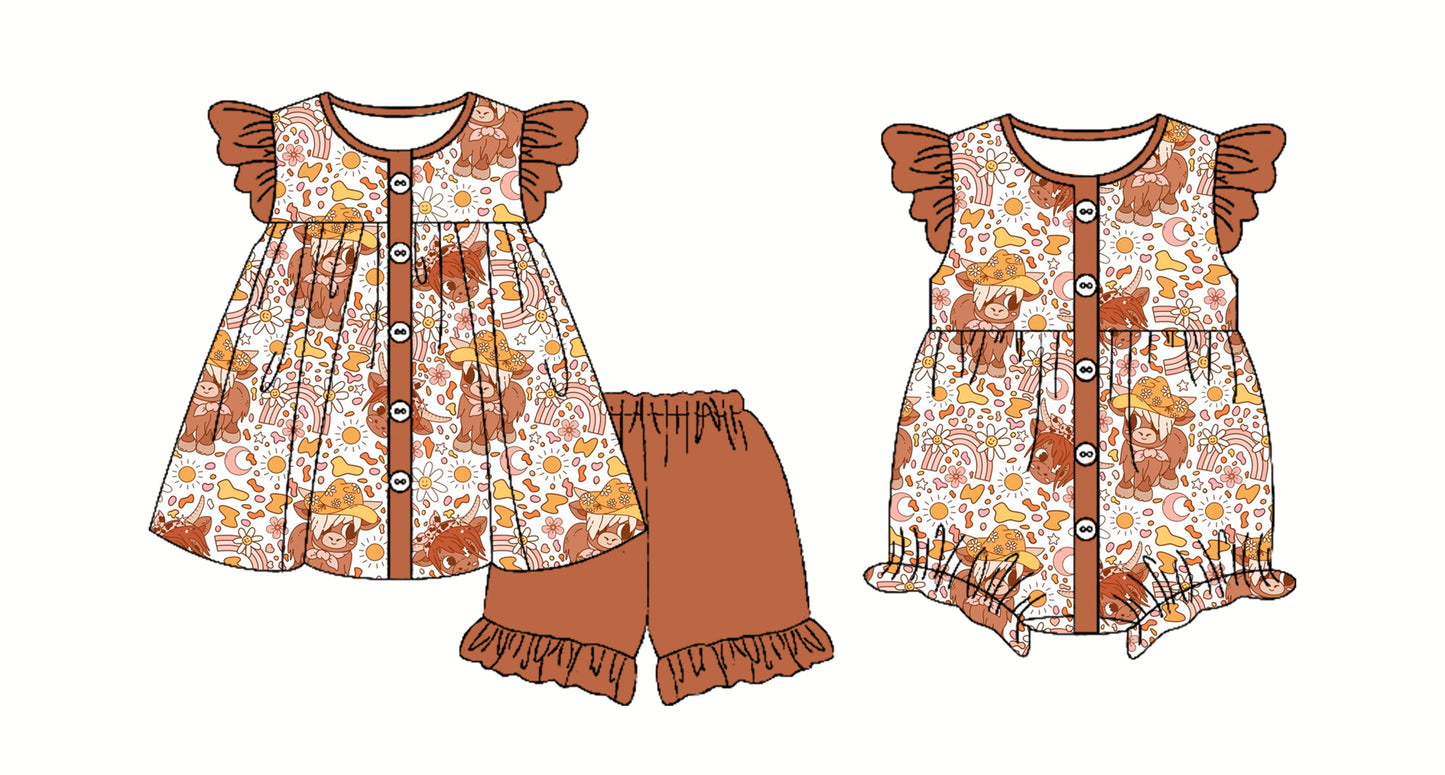 2.28 custom each style moq 5eta 4-6week Sibling Sister alpine floral baby girl short sleeve shorts sets and romper match design