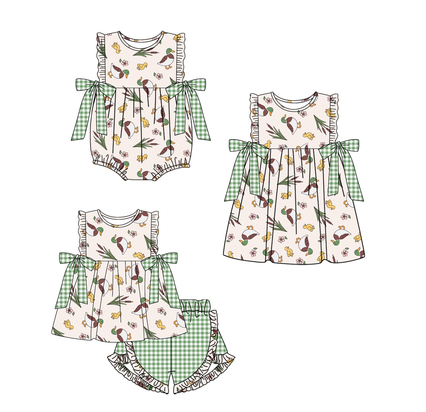 11.14 custom each style moq 5eta 4-6week Sibling Sister duck floral baby girl short sleeve shorts sets and dress and rompers match family design