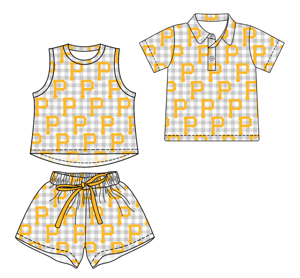 Custom moq 5 mix size milk silk summer teams Girls Checked Sleeveless Top And Short Sets Boys Short Sleeve Button Polo Shirt Top