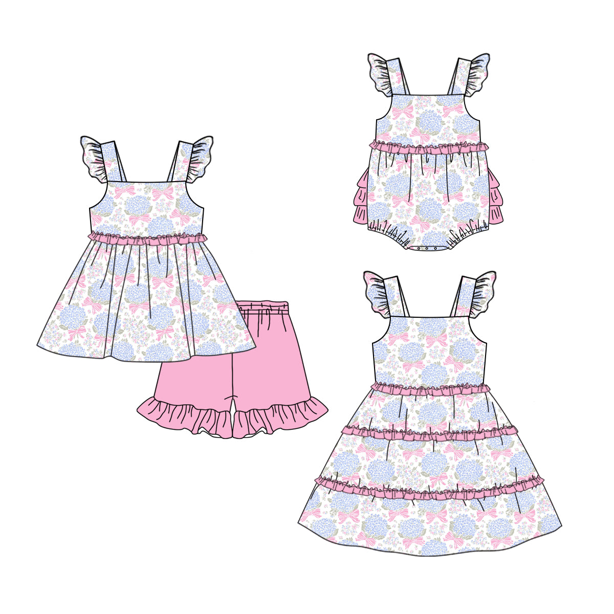 26.1.24 custom each style moq 5 eta 6-8week Sibling Sister bow floral baby short sleeve shorts sets and romper and dress match design
