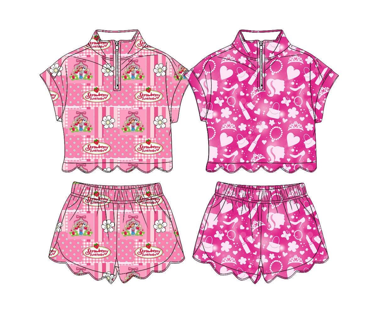 3.14 Custom moq 5 mix size Sibling Baby Girls Pink Zipper Top Short Scallop Clothes Sets