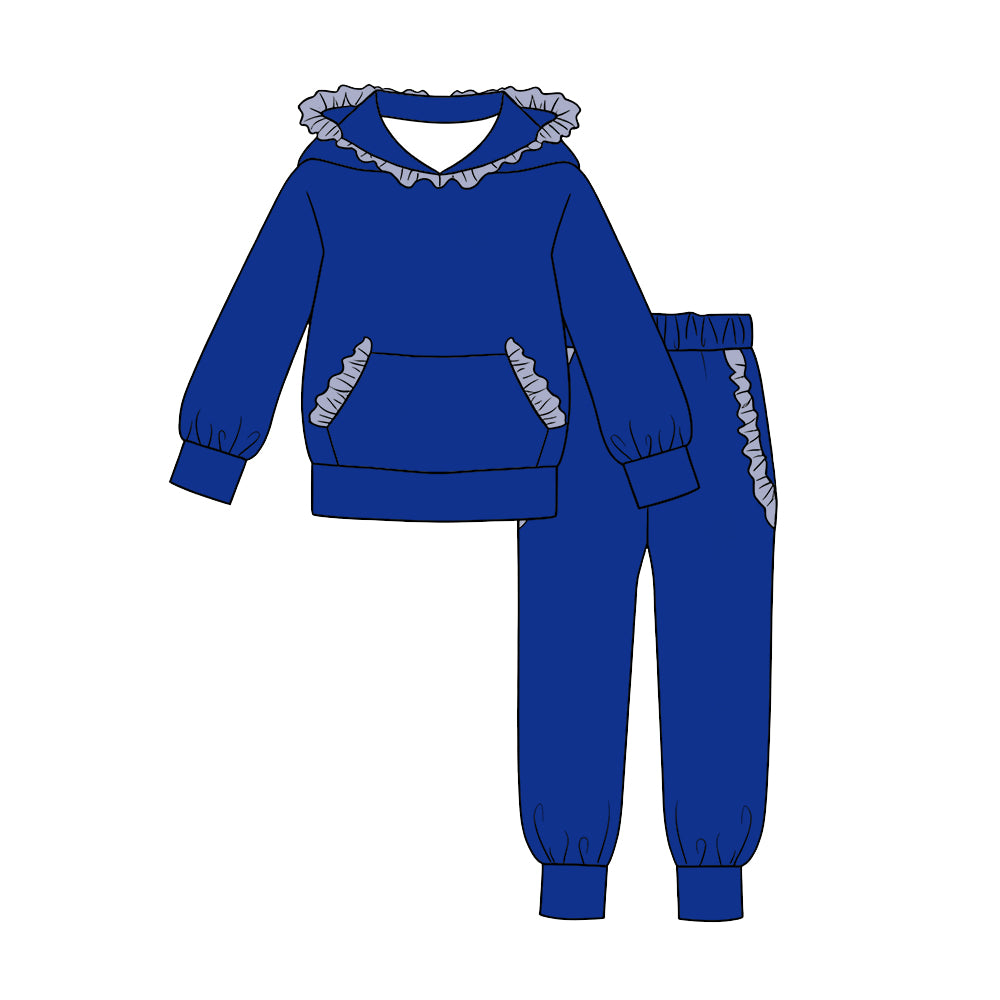 custom moq 5 mix size cotton fabric for girls hoodie sets Blue-grey cotton long-sleeved top and trousers set blank offer custom logo