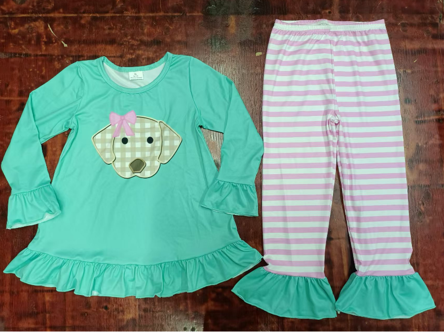 Custom moq 3 eta 6-7weeks Bow Tie Puppy Lake Green Long Sleeve Top-Pink Striped Pants Set