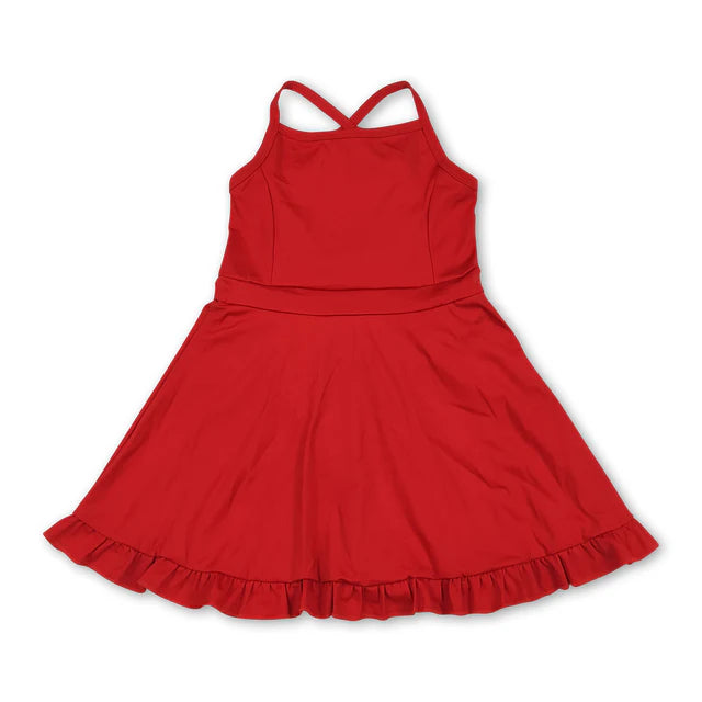 RTS NO MOQ Sibling Baby Girls Dark Red Strap Shorts Yoga Knee Length Athletic Dresses
