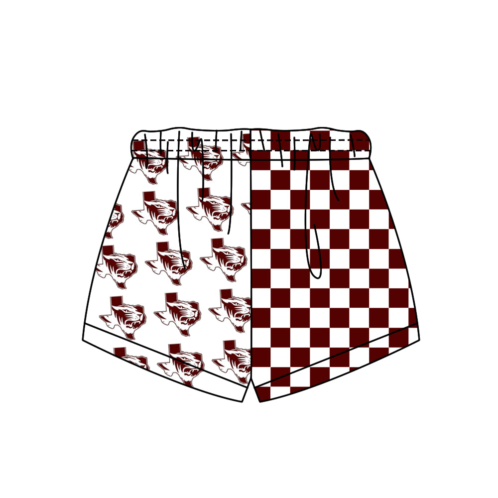 Custom moq 5 mix size milk silk summer teams Adult And Kids Dark Red Checked Patchwork Summer Casual Shorts