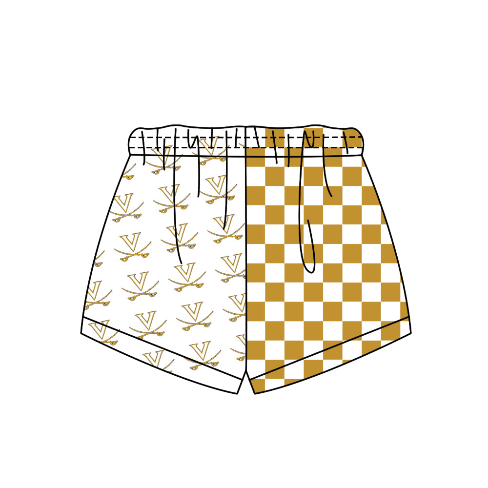 Custom moq 5 mix size milk silk summer teams Adult And Kids Yellow Checked Patchwork Summer Casual Shorts