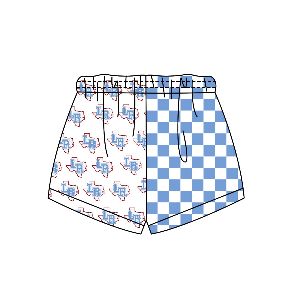Custom moq 5 mix size milk silk summer teams Adult And Kids Light Blue Checked Patchwork Summer Casual Shorts