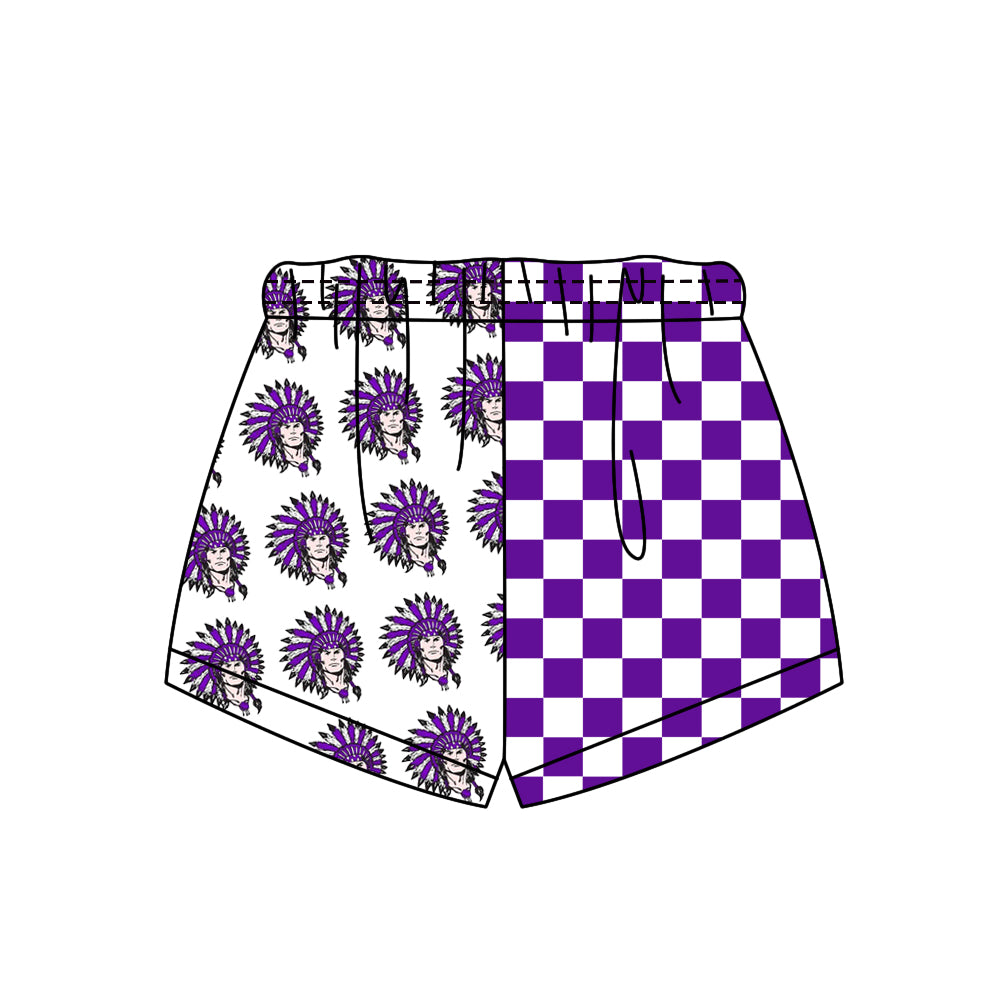 Custom moq 5 mix size milk silk summer teams Adult And Kids Purple Checked Patchwork Summer Casual Shorts