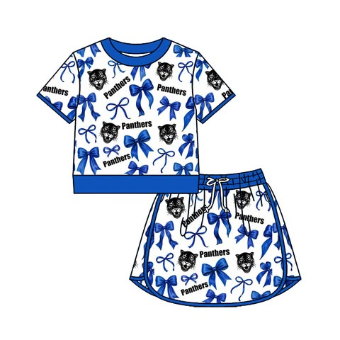 custom moq 5 mix size AASD0501 Adult And Kids Team Blue Bow Print Short Sleeve Crew Neck Top Drawstring Skort Clothing Set