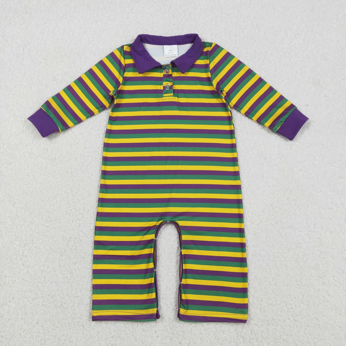 RTS NO MOQ(In Stock ) Carnival Yellow, Green, and Purple Striped Button-Up Long-Sleeve Bodysuit