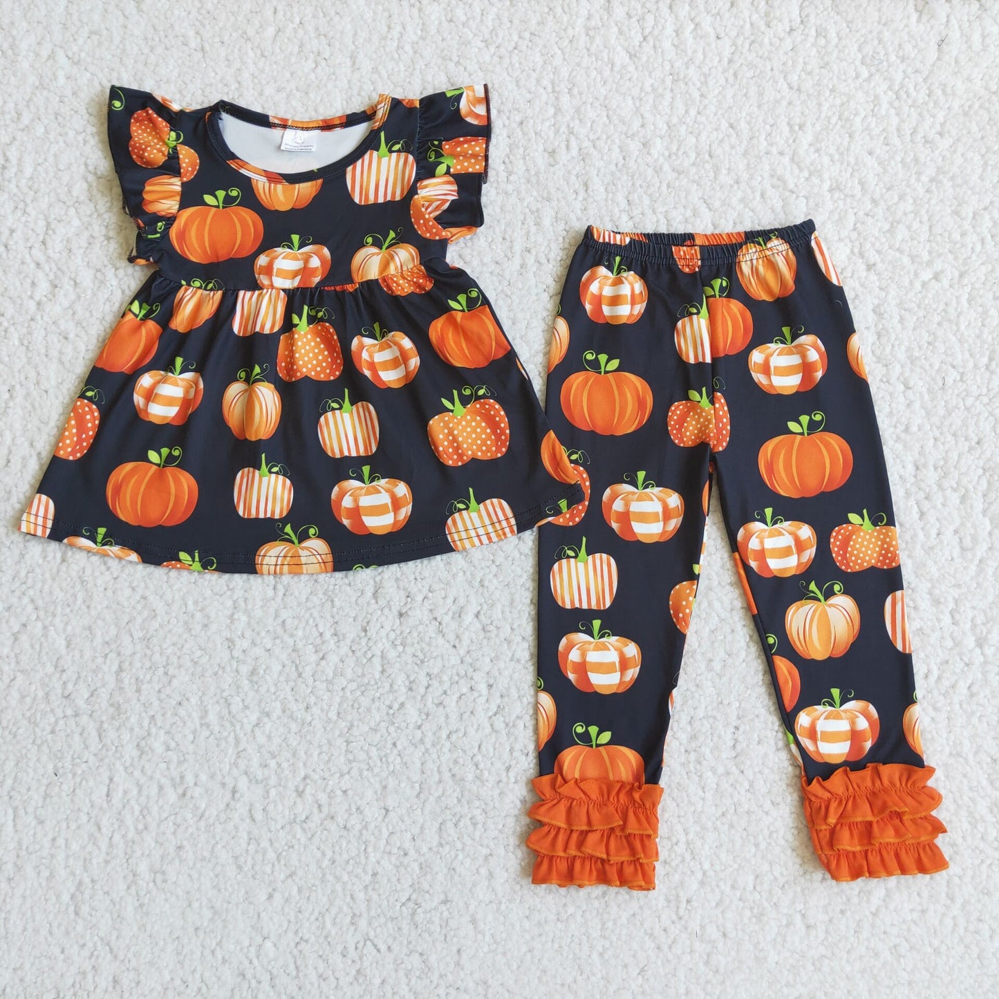 SALES NEW Baby Girls Pumpkin Short Sleeve Flutter Sleeve Top with Pant Set Outfit for Autumn