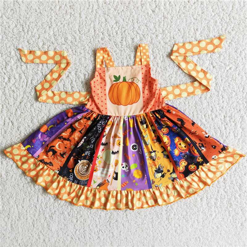SALES NEW Pumpkin Twirl Dresses for Kids Girls Autumn Halloween Costume Cute Pumpkin Print Dress Girls' Twirl Dresses