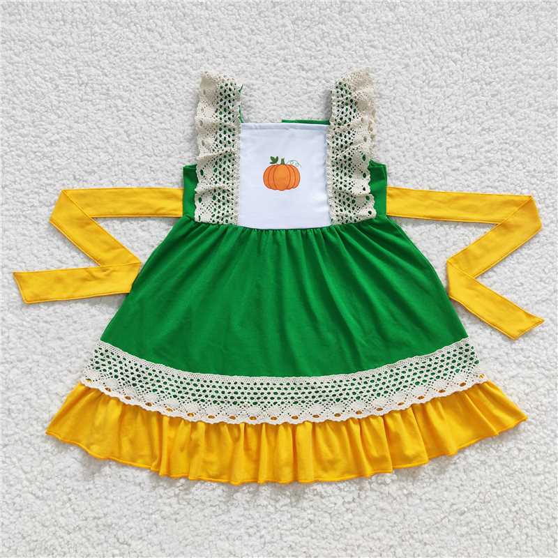 SALES NEW Baby Girls Green Lace Dress with Pumpkin Belts for Autumn Season