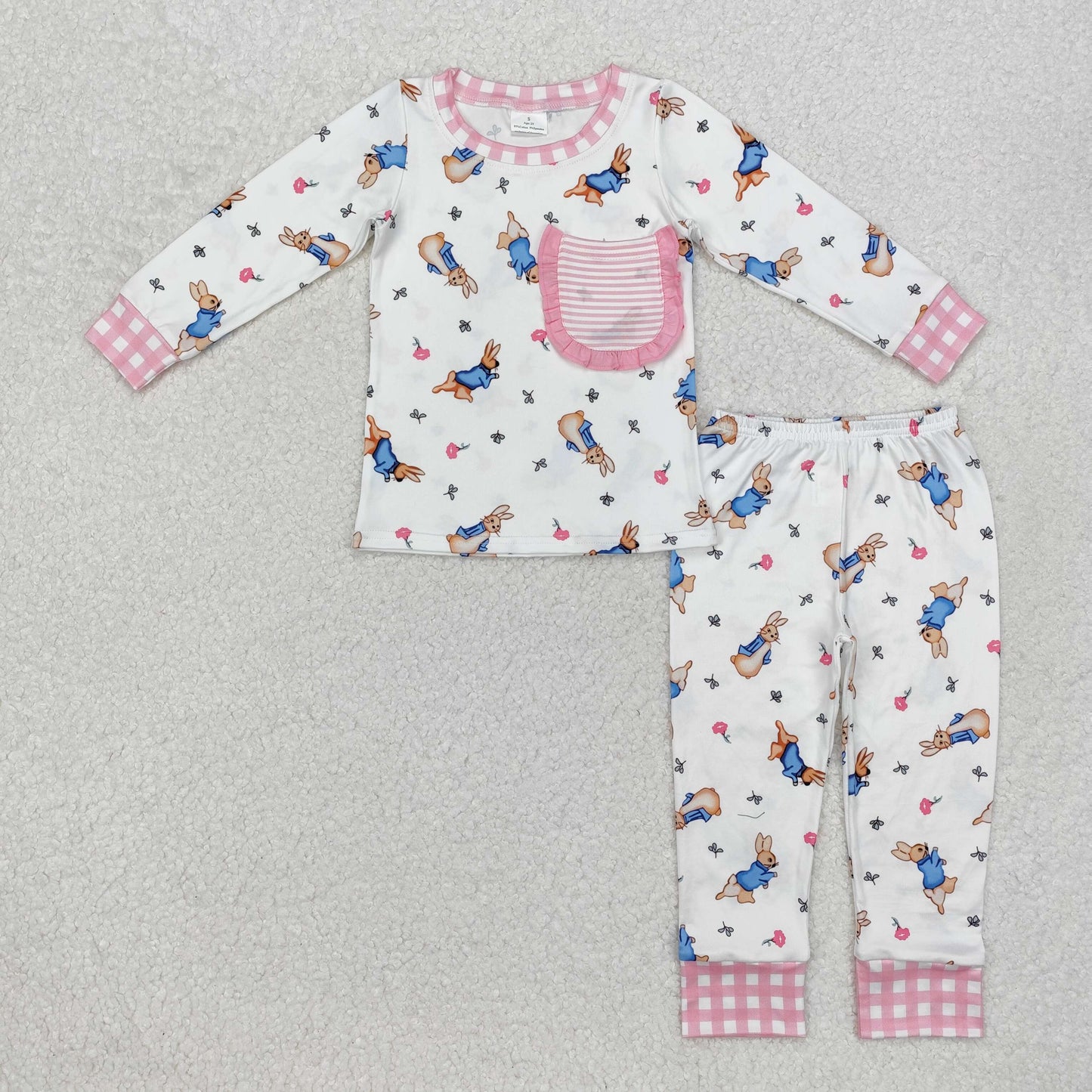 RTS NO MOQ(In Stock) Easter Bunny Striped Lace Pocket White Long Sleeve Pants Pajama Set