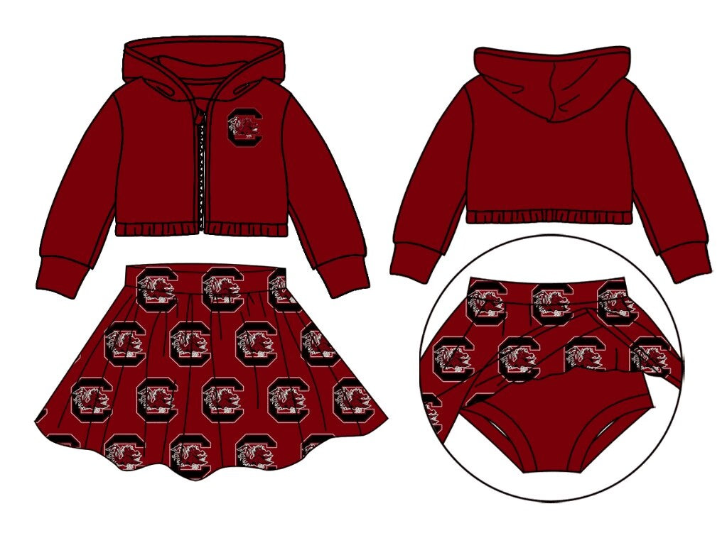 custom moq 3 eta 6-7weeks team summer baby girls clothes brick red hooded with skirts sets