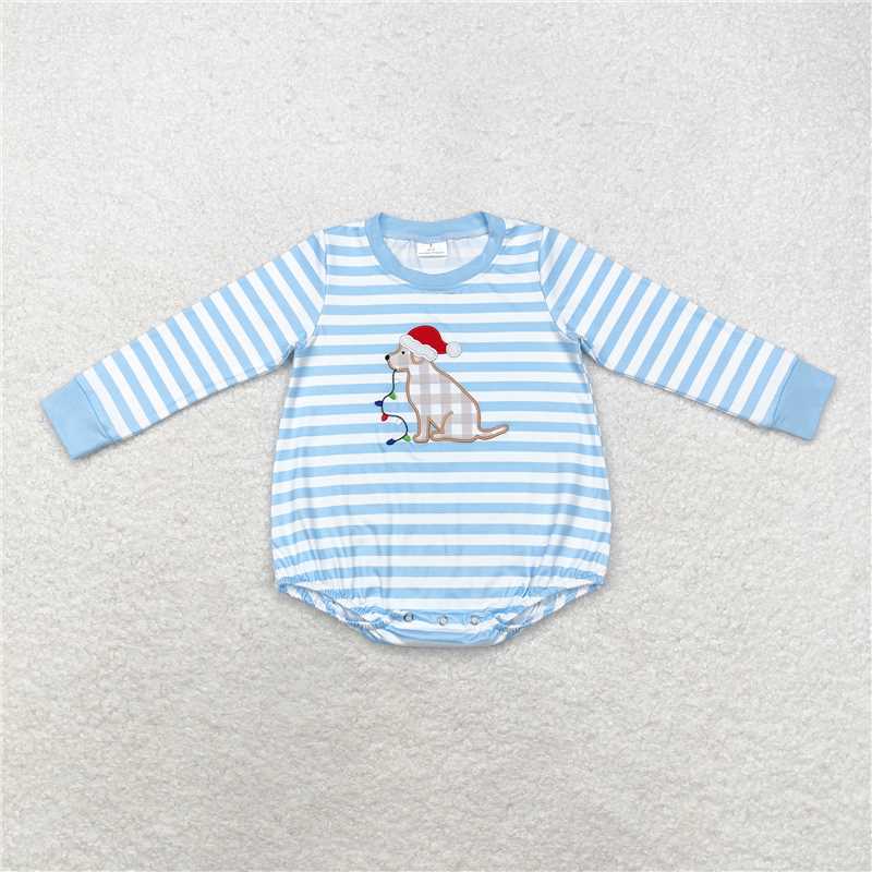 RTS NO MOQ Embroidered Christmas Puppy Boys and Girls Striped Long Sleeve Top & Climbing Suit