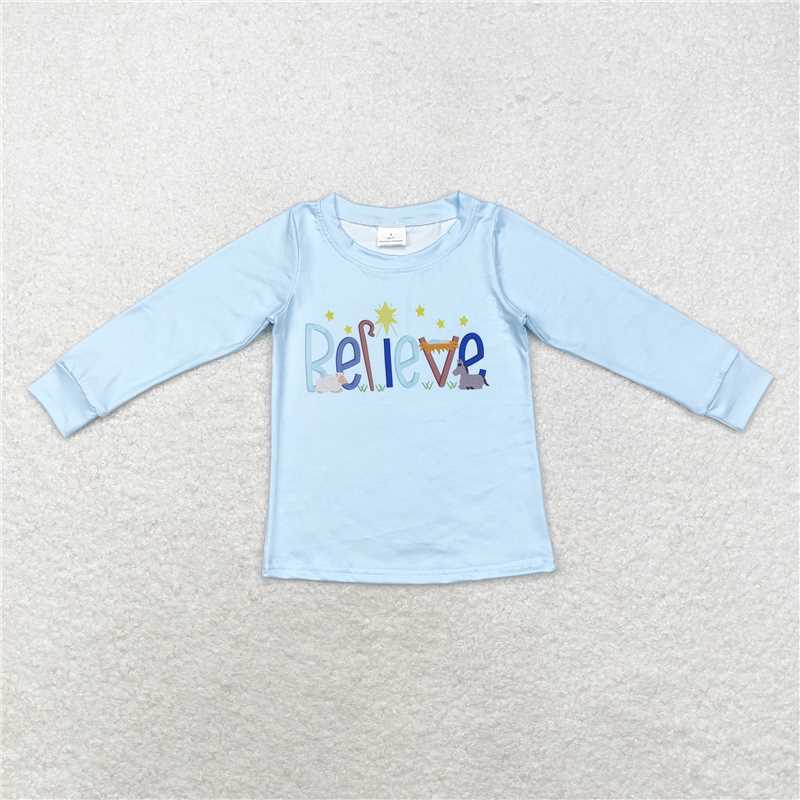 RTS NO MOQ BT0775 BLP0504 Sky blue long-sleeved suit & long-sleeved top with colorful letter pattern