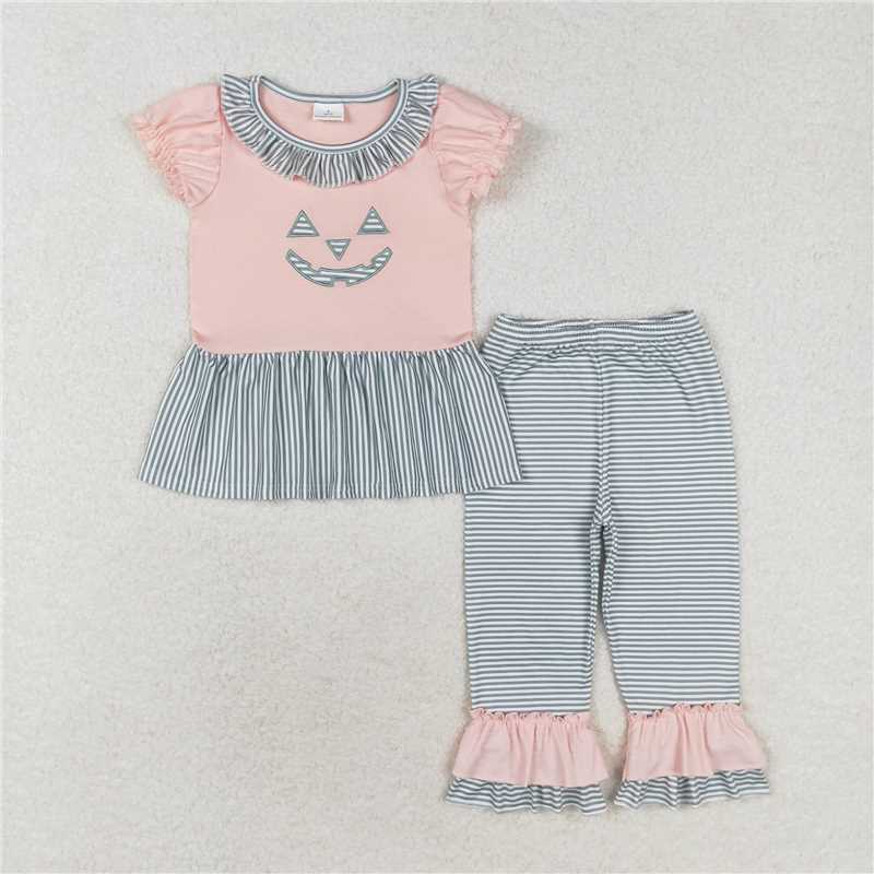 RTS NO MOQ Embroidered Pumpkin Smiley Face Long Sleeve Suit & Short Sleeve Suit