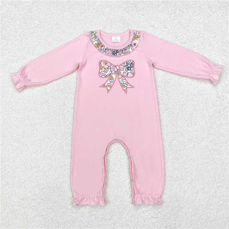 RTS NO MOQ Sibling baby girl clothes Embroidered flower bow pattern pink long-sleeved pant set and romper
